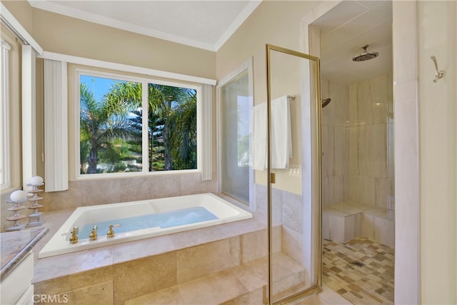 bathroom with a garden tub, a shower stall, and crown molding