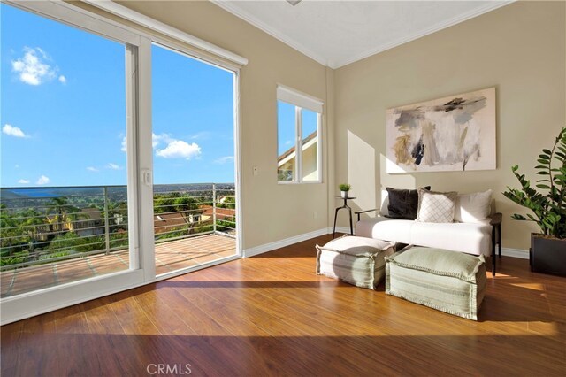 living area featuring baseboards, wood finished floors, and crown molding