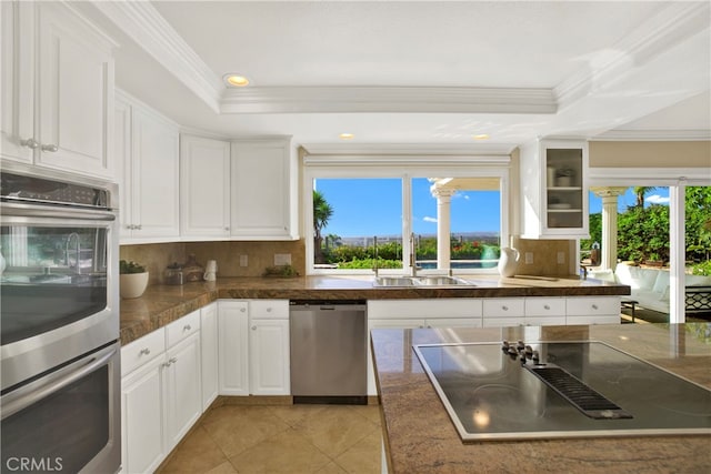 kitchen with a sink, white cabinets, appliances with stainless steel finishes, decorative backsplash, and a raised ceiling