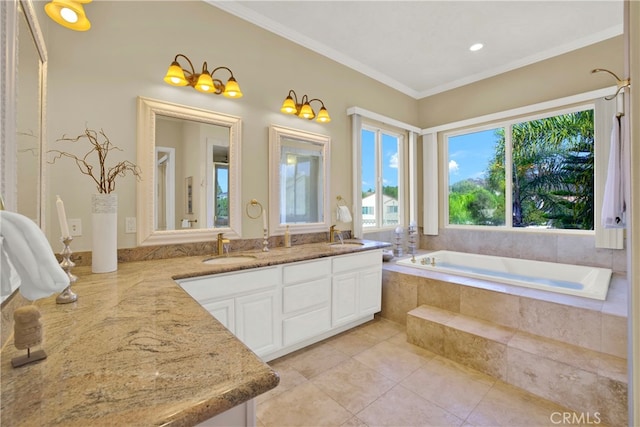 full bathroom featuring double vanity, a sink, a bath, and crown molding