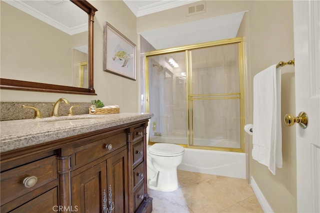 bathroom featuring tile patterned flooring, bath / shower combo with glass door, vanity, visible vents, and ornamental molding