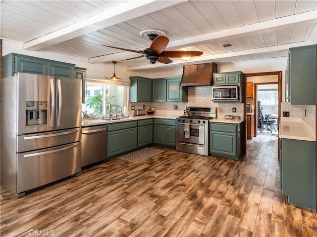 kitchen with plenty of natural light, premium range hood, dark wood-type flooring, and appliances with stainless steel finishes