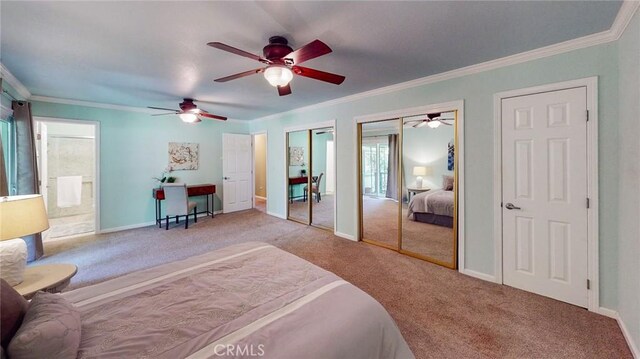 565 5th Ave, Orland, CA 95963 - carpeted bedroom with crown molding, multiple closets, baseboards, and ensuite bath