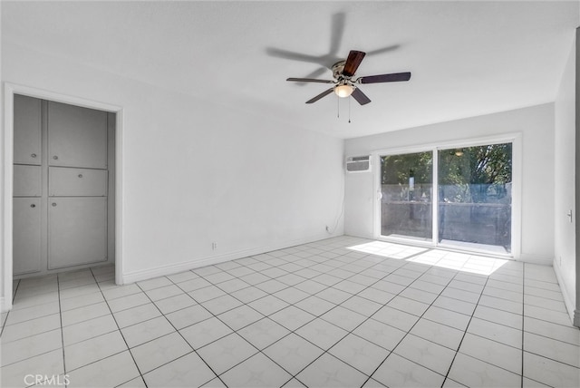 interior space with ceiling fan and a wall unit AC