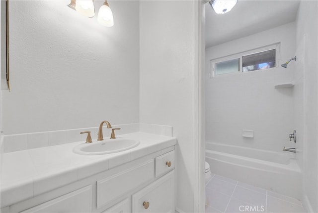 full bathroom with vanity, toilet, shower / tub combination, and tile patterned flooring