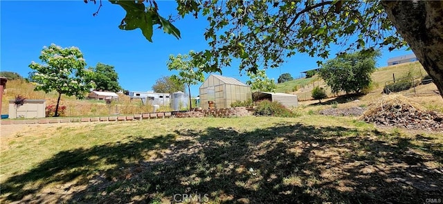 view of yard featuring a storage unit