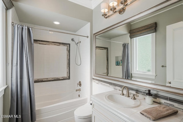 full bathroom featuring toilet, tasteful backsplash, vanity, and shower / bath combo with shower curtain