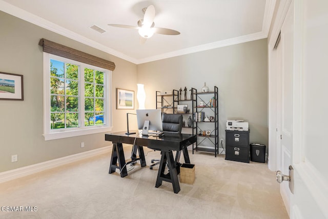 carpeted office with ceiling fan and ornamental molding