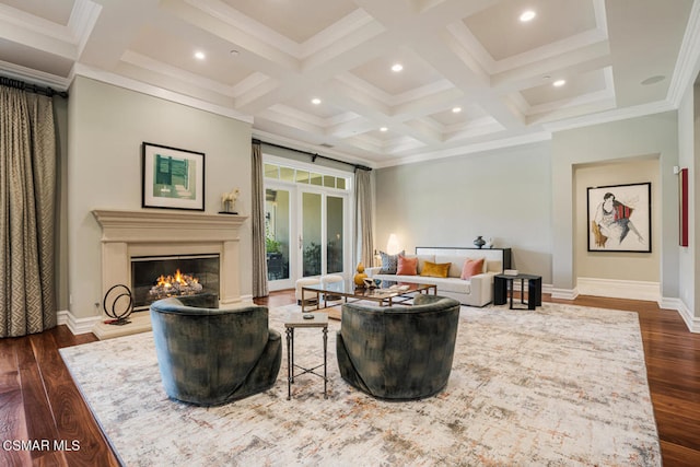 living room with dark wood-type flooring, ornamental molding, beamed ceiling, and coffered ceiling