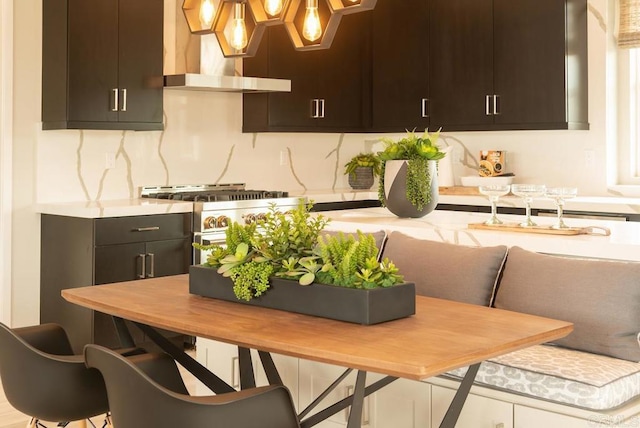 kitchen featuring wall chimney exhaust hood, dark brown cabinets, and decorative backsplash