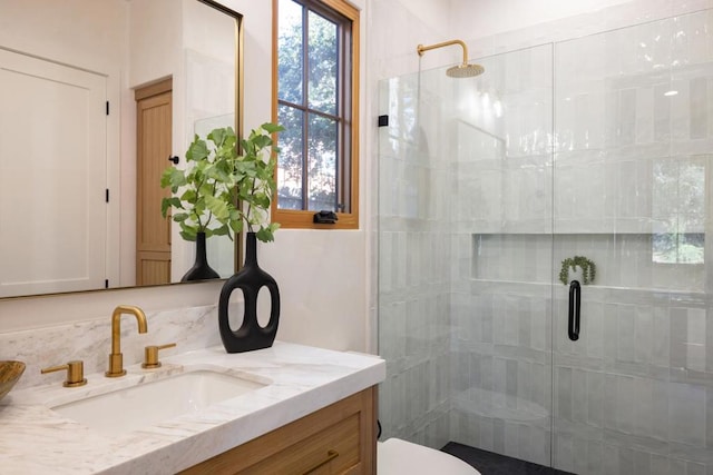 bathroom with vanity, toilet, and a shower with shower door