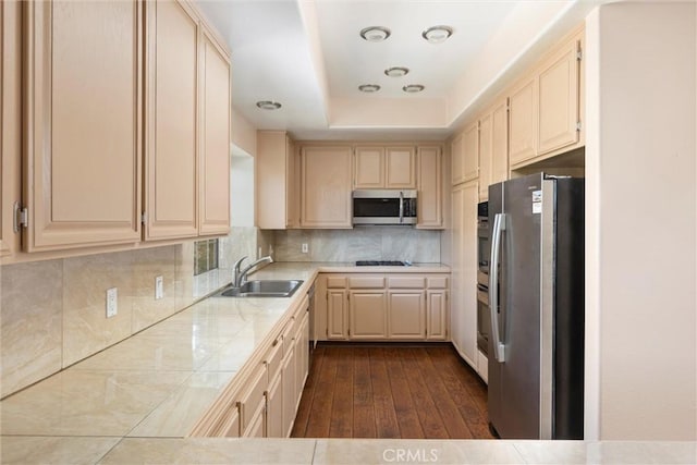 kitchen with sink, dark hardwood / wood-style floors, tasteful backsplash, appliances with stainless steel finishes, and a tray ceiling