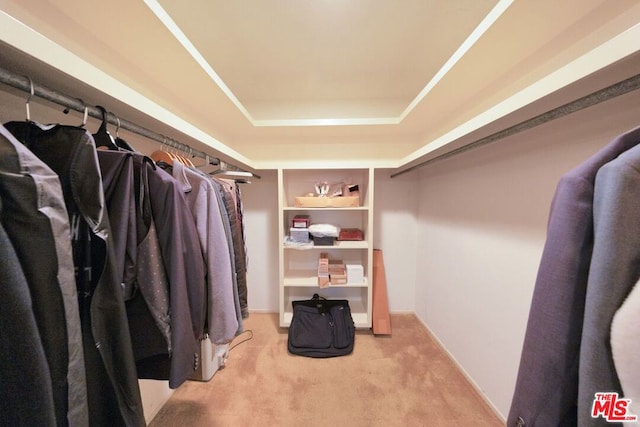 walk in closet featuring light colored carpet