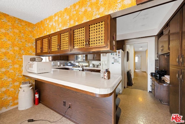 kitchen with kitchen peninsula and a textured ceiling