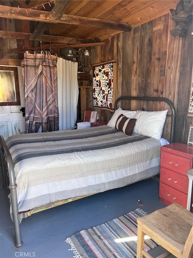 bedroom featuring wood walls and wooden ceiling