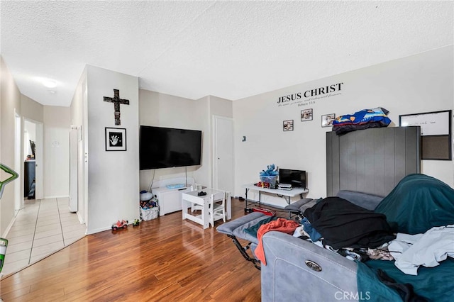 living room featuring a textured ceiling and wood-type flooring