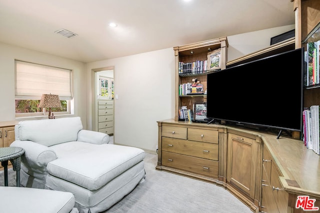 bedroom featuring light carpet and multiple windows