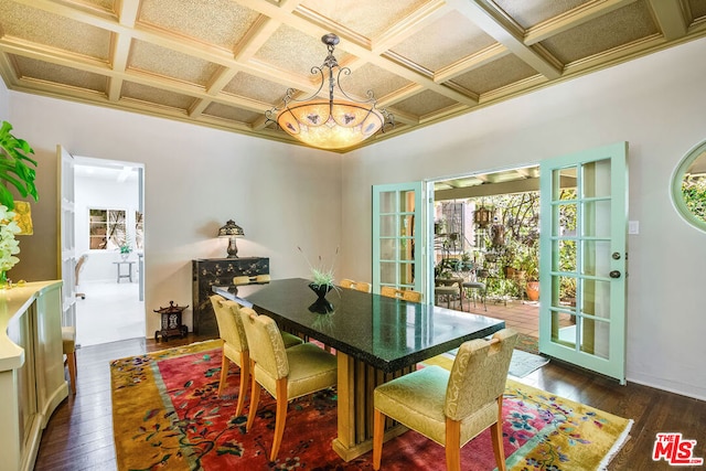 dining area featuring ornamental molding, coffered ceiling, and dark wood-type flooring