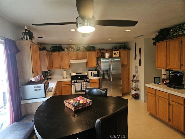 kitchen featuring stainless steel appliances, plenty of natural light, and ceiling fan