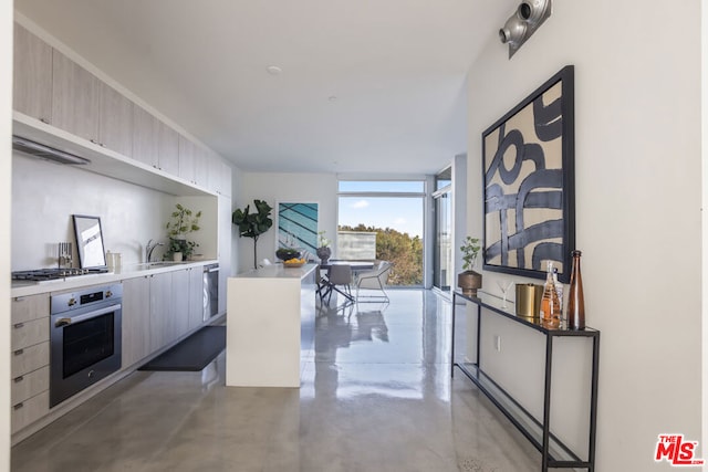 kitchen with light brown cabinetry, floor to ceiling windows, stainless steel appliances, sink, and a center island