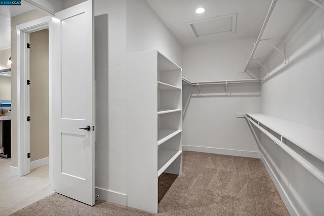 walk in closet with light colored carpet