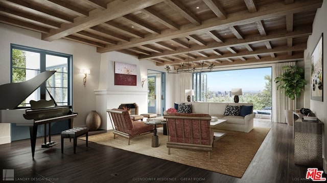 living area with beamed ceiling, dark hardwood / wood-style floors, wooden ceiling, and a fireplace