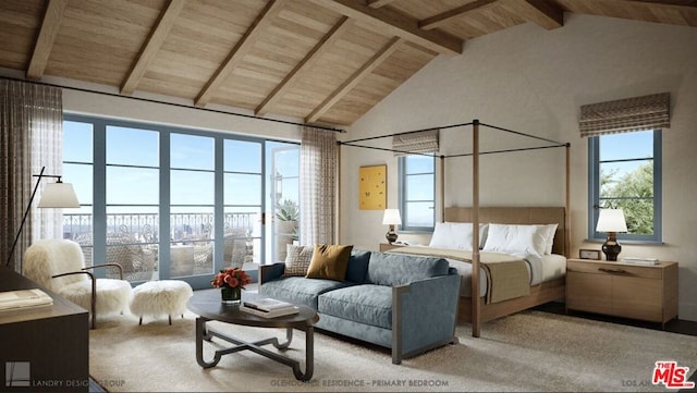 bedroom featuring carpet, multiple windows, beamed ceiling, and high vaulted ceiling