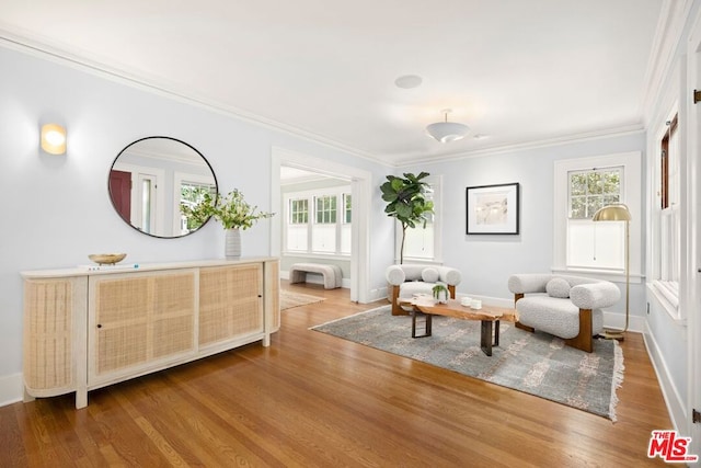 living area featuring hardwood / wood-style floors and ornamental molding