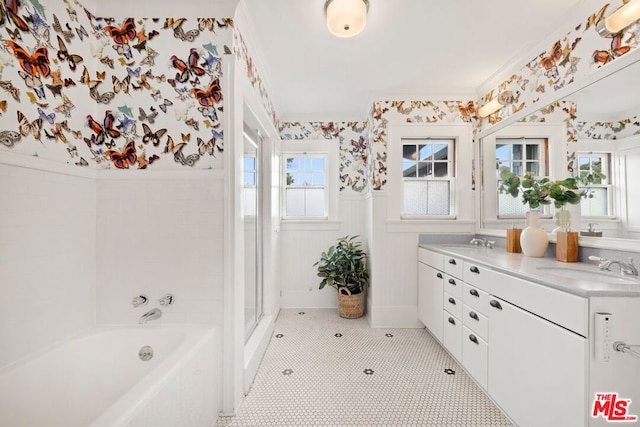 bathroom featuring vanity and independent shower and bath