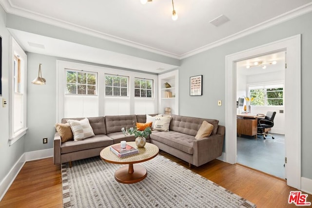 living room featuring hardwood / wood-style floors and crown molding