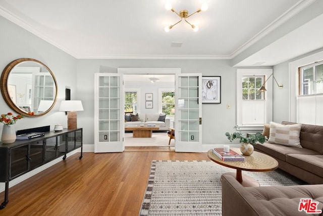 living room featuring french doors, a healthy amount of sunlight, and hardwood / wood-style flooring