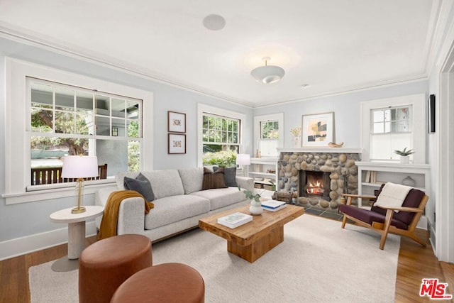 living room with a stone fireplace, hardwood / wood-style floors, and ornamental molding