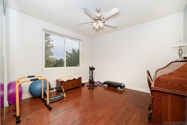 exercise area with ceiling fan and hardwood / wood-style flooring