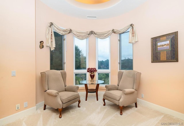 sitting room featuring light carpet