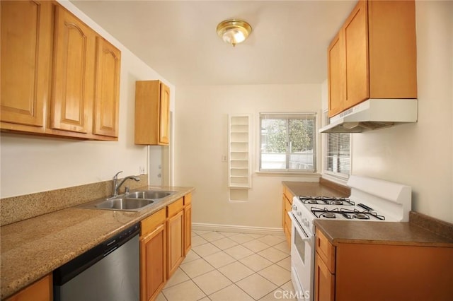 kitchen featuring sink, stainless steel dishwasher, light tile patterned floors, and gas range gas stove