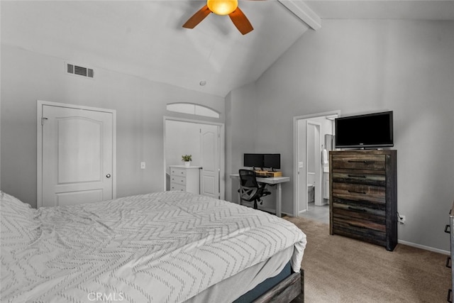 bedroom with lofted ceiling with beams, light carpet, and ceiling fan