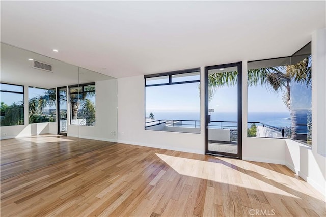 empty room with light hardwood / wood-style floors, a healthy amount of sunlight, and a water view