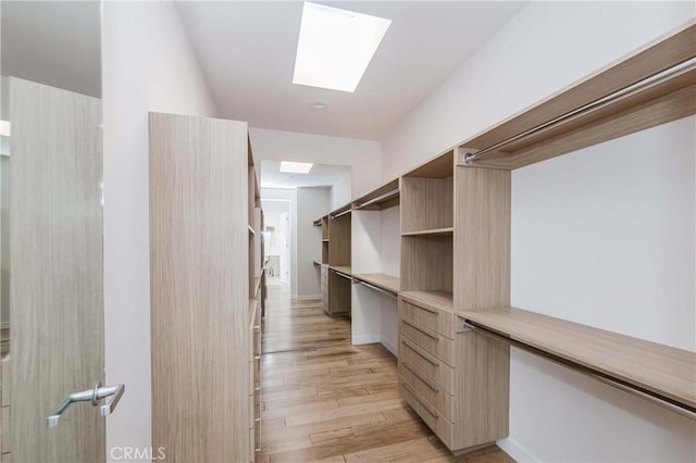 spacious closet with light wood-type flooring and a skylight