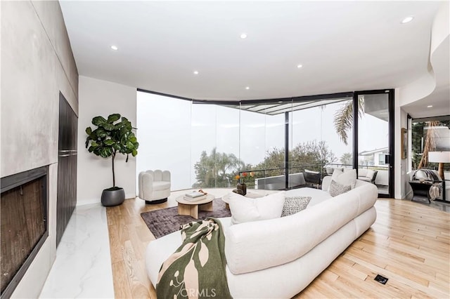 living room with a wall of windows and light wood-type flooring