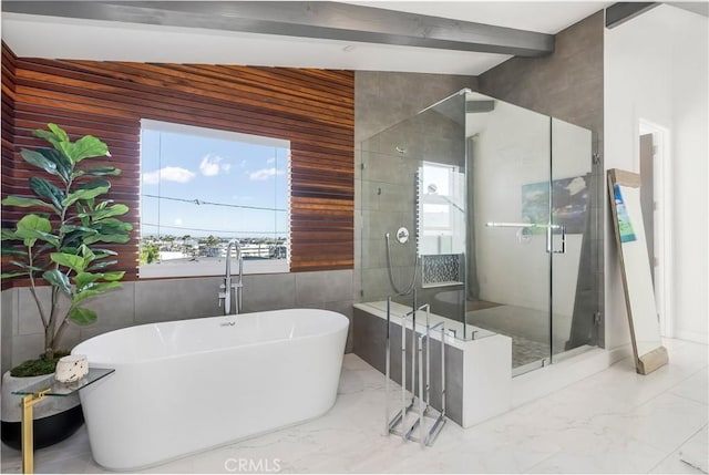 bathroom with beam ceiling and independent shower and bath