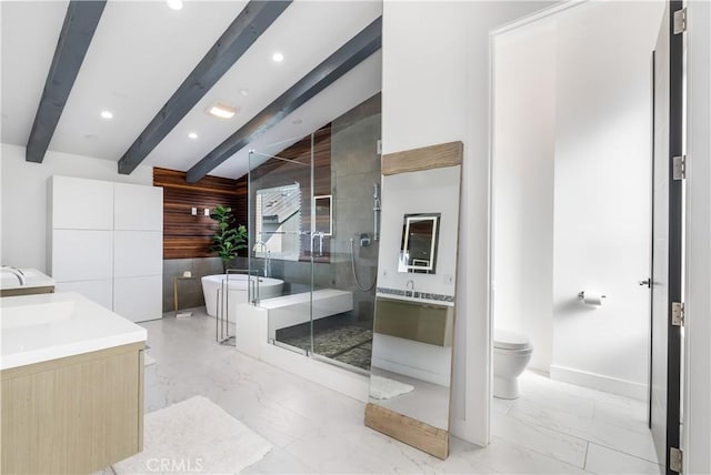 full bathroom with vanity, toilet, independent shower and bath, and beamed ceiling