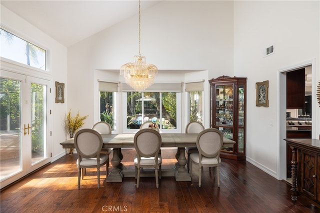 dining space with dark wood-type flooring, high vaulted ceiling, and a healthy amount of sunlight