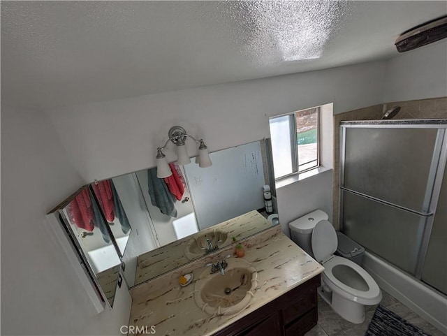 full bathroom featuring combined bath / shower with glass door, tile patterned floors, vaulted ceiling, toilet, and vanity