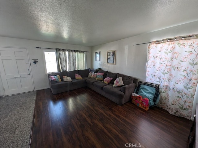 living room featuring dark hardwood / wood-style flooring and a textured ceiling