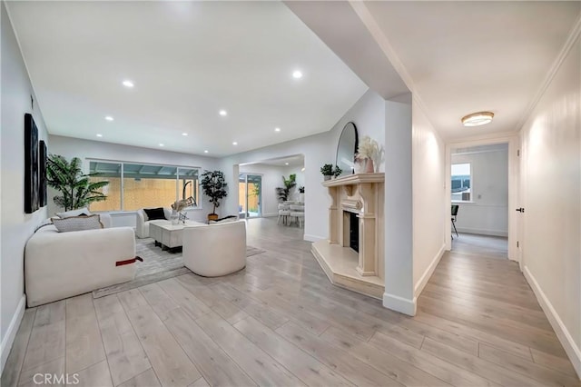 living room with light hardwood / wood-style flooring, a wealth of natural light, and crown molding