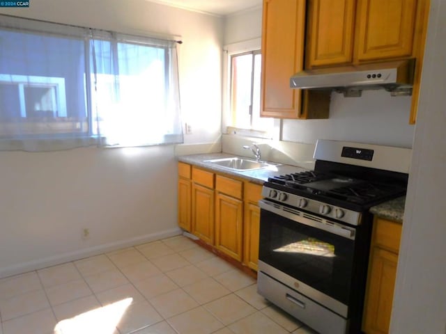 kitchen featuring crown molding, stainless steel gas range, sink, and light tile patterned floors