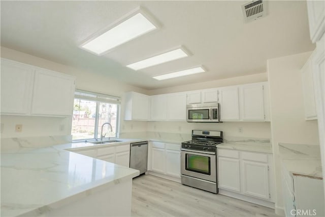 kitchen with sink, stainless steel appliances, kitchen peninsula, white cabinets, and light wood-type flooring