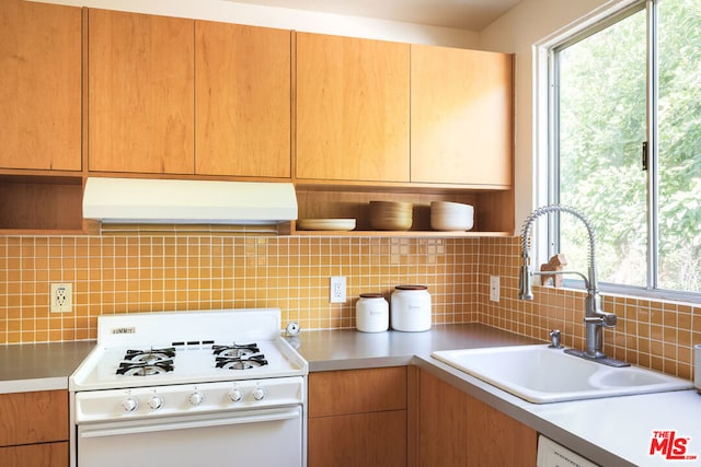 kitchen featuring backsplash, white appliances, and sink