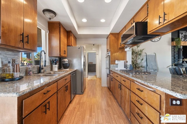 kitchen featuring decorative backsplash, extractor fan, stainless steel appliances, light hardwood / wood-style floors, and sink