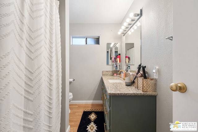 bathroom with vanity, toilet, and wood-type flooring